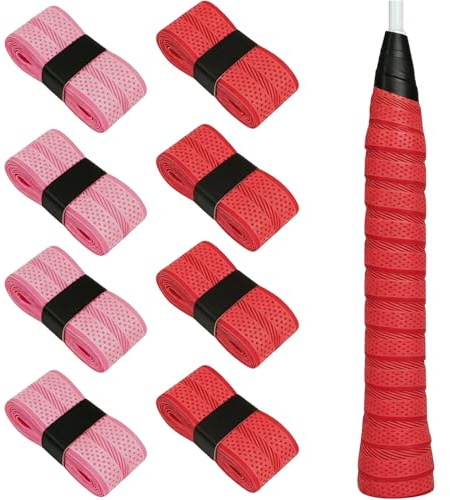 Sxingh 8 stycken greppband, tennisracket, 4 röda + 4 rosa, halkfritt overgrip badmintonracket med perforering, självhäftande halkfritt greppband för tennis, badminton, squash