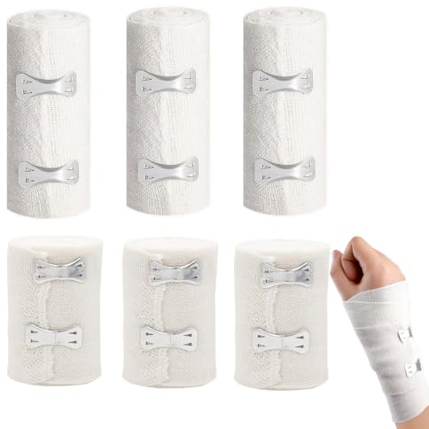 Lot de 6 Bande de Crêpe Bandages Médicaux Extensibles avec Clips Métalliques rouleaux de bandage de compression en crêpe de coton Bandage Élastique pour bras poignet genoux Soins Sportifs