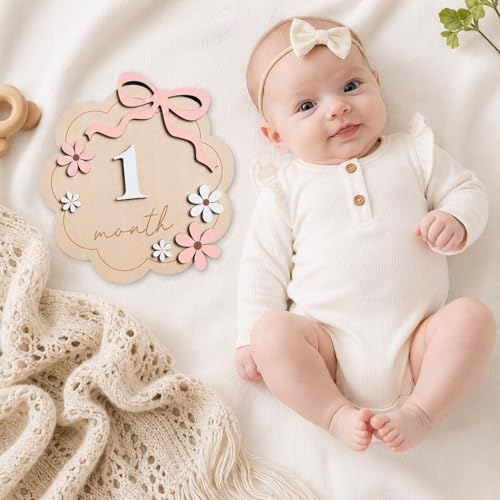14PCS Baby Milestone Cards, Wooden Baby Monthly Milestone Discs with Replaceable Number, Double-Sided Event Tracker Cards Flower-Styled Photo Props for Infants 0-12 Months