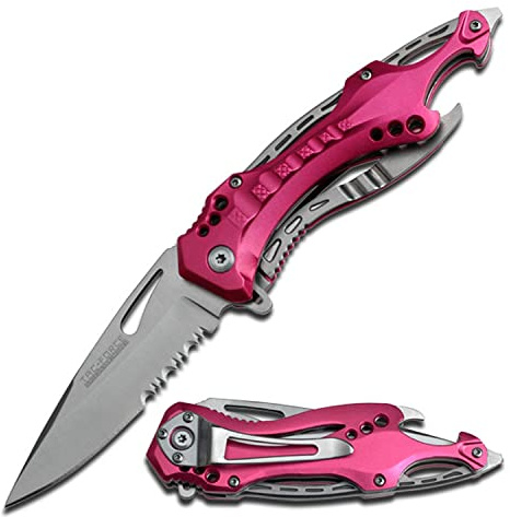 Tac-Force Folding Pocket Knife, 3.25-inch Serrated Blade, Pink Aluminum Handle, 7.75-inch Overall Length TF-705PK