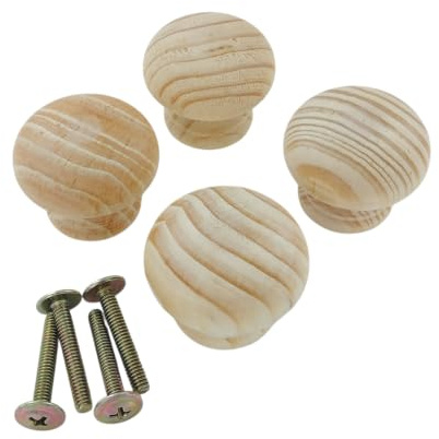 Merriway BH01265 (4 Pcs) Wooden Cupboard Cabinet Door Knob-Pine, Unlacquered with Bolt & Insert 35mm (1.3/8 inch) - Pack of 4 Pieces, Brown