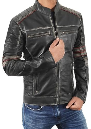 Fashion_First Cafe Racer - Giacca da motociclista vintage da uomo, in vera pelle, effetto invecchiato, colore: nero, Retro 1 Nero, L