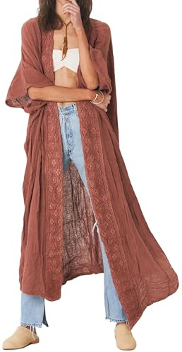 Bsubseach Kimono med halvärm och öppen framsida, perfekt bikini-cover-up för kvinnor, Roströd, en storlek
