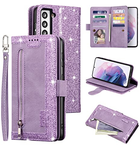 UEEBAI Anpassad för Samsung Galaxy S22 5G, Portafoglio i spade PU retro antiurto flip skydd antiurto con plats per skiva Funzione stativ Chiusura Magnetica - Viola Glitter