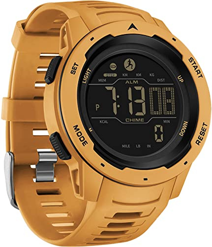 findtime Schrittzähler Armbanduhr Gelb mit Kalorien 5ATM Wasserdicht Timer Stoppuhr, Fitness Herrenuhr Digital Militär Tactical Uhr Duale Zeitzone Sport Outdoor für Männer Jungen