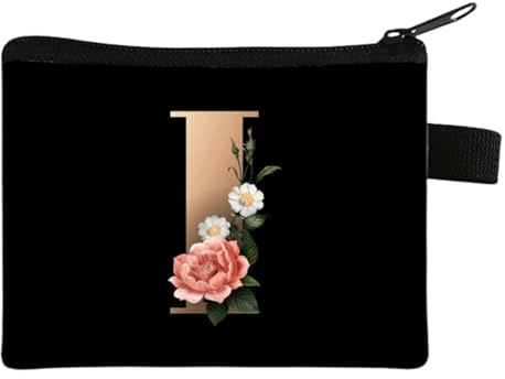 FAVORTALK Coin Purse Initial Purse Black Floral Small Coin Bag Portable Coin Pouch for Women with Zip Mini Change Pocket for Card and Coin Boys - 13611