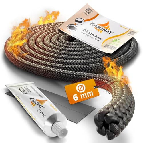 KAMINAT Ofen Dichtschnur - 2,5m Dichtschnur für Kaminofen - Feuerfestes Kamin Dichtband & Ofenrohr Dichtung - Hochwertige Kamin Dichtungsschnur inkl. Kleber - Dichtschnur Kaminofen Ø 6mm Breite