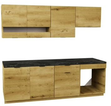 Vente-unique-Cocina Completa - 200 cm - 6 Muebles de Almacenamiento - Natural y Antracita - CARMEO