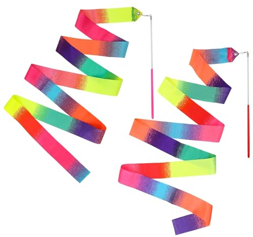 2 Mehrfarbigen Gymnastikbändern für Kinder & Erwachsene | 2 Meter Band für Tanz, Gymnastik, Rhythmische Sportgymnastik, Zirkus, Bodentraining, Wettkampf | Ballerina-Zubehör | Aerobik