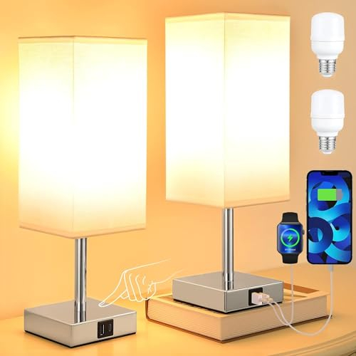 Kakanuo Nachttischlampe Touch Dimmbar 2er Set, Tischlampe mit Ladefunktion USB A+C-Anschlüssen, Weiß-Lampenschirm Metallfuß, Kleine Lampe für Nachttisch Schlafzimmer Wohnzimmer Babyzimmer Büro