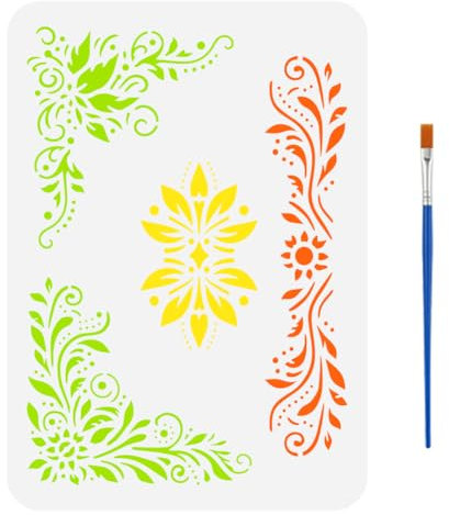 FINGERINSPIRE Pochoir de Dessin de Coin de Bordure Avec Un Pinceau 29.7X21cm Modèle de Peinture de Bordure et D'Angle de Fleur Pochoir de Décoration de Feuilles de Vigne pour Bois Mur Tissu Meubles