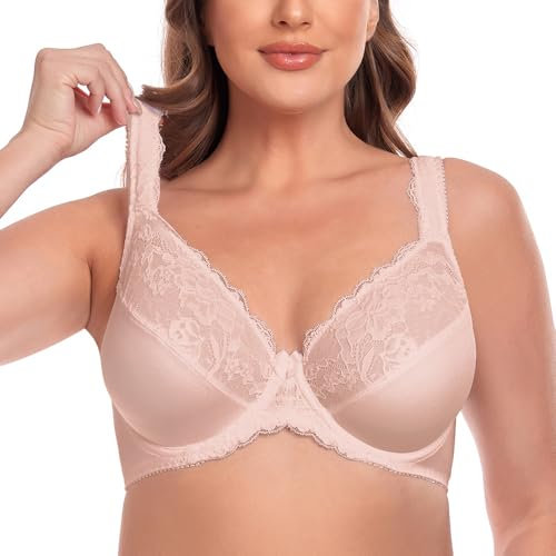Ayigedu Women's Lace Underwire Minimizer Bra Plus Size Non Padded Comfort Cushion Strap 36-G Beige