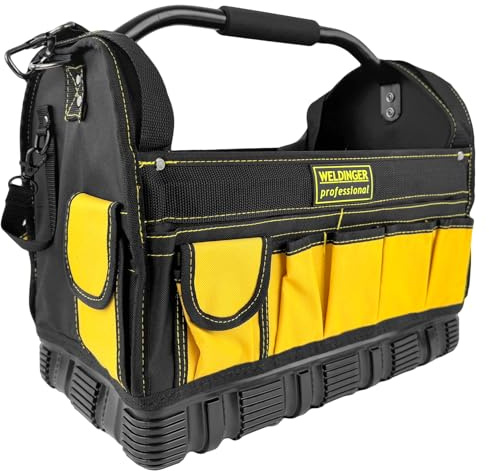 WELDINGER Werkzeugtasche Hard Base mit stabilem Rohrgriff, schlagfestem Gummiboden und Umhängegurt mit Schulterpolster