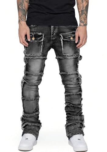 Kdtoll Jeans Uomo Slim Fit - Pantaloni in Denim Elasticizzato Stile Y2K Streetwear, Design Patchwork Hip-Hop con Tasche Multiple, Gamba Dritta Jeans Skinny per Moda e Tempo Libero