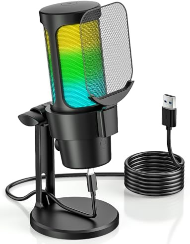 Anykuu Microfono Gaming Micrófono Podcast con Ajustable RGB Modos Condensador Cardioide Silencio Rápido para PC PS5/PS4/Mac