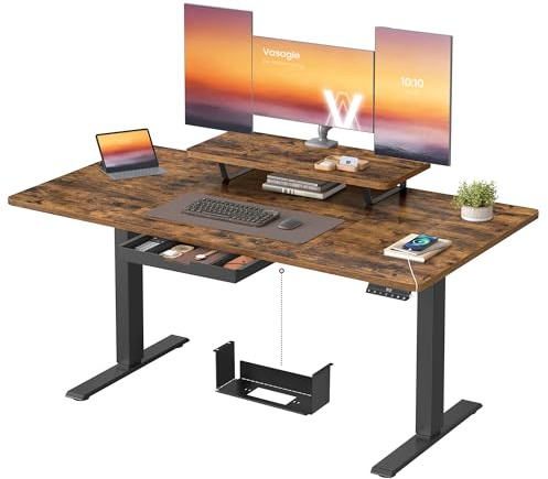 VASAGLE Electric Standing Desk, Height Adjustable Desk, 140 x 70 cm, Flexible Monitor Stand and Drawer, USB-C Port, Sedentary Reminder, for Home Office, Rustic Brown LSD154KD02