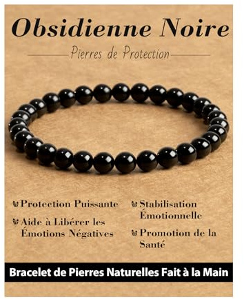 Landorilo Bracelet en Pierres Naturelles Thérapeutiques de 6 mm, Adapté aux Femme et aux Homme, Bracelets en Perles de Cristal Élastiques, Cadeau d'anniversaire ou de Noël（Obsidienne Noire）