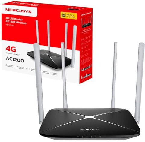 MERCUSYS MB135-4G AC1200 4G Router with Sim Slot,Dual Band Sim Card,4G LTE Plug and Play,TP-Link WiFi, Detachable Antennas, APP control,Guest Network,WAN Connection Available,Data Setting