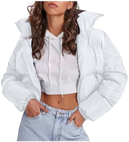 Generisch Chaqueta corta de invierno para mujer con cuello alto de manga larga abrigo de plumas con cremallera para mujeres elegantes, Blanco, S