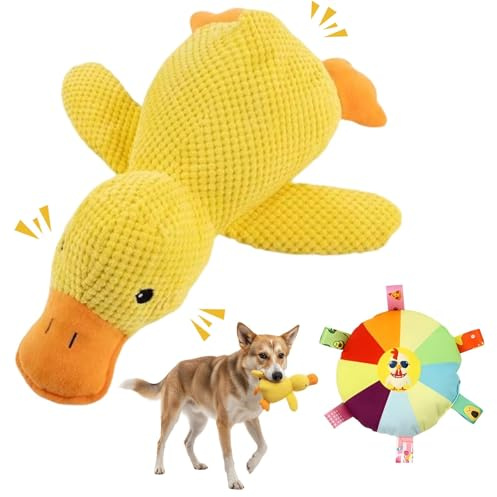 JazRvr Juguete para perros, pato antiestrés, juego de 2 unidades con disco volador, 25 x 22 x 3 cm, amarillo, ideal para perros pequeños