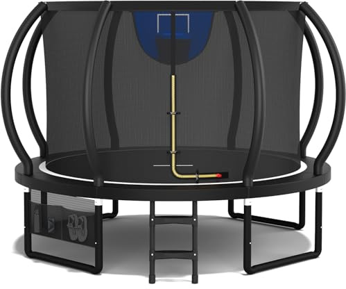 Outdoor Trampoline with Basketball Hoop 7.5/10ft Garden Trampoline with Safety Net and Storage Bag Non-Slip Ladder & Shoe Organizer Suitable for Toddlers and Adults
