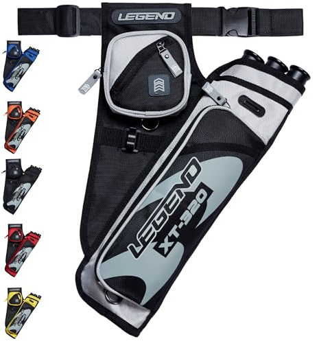 Legend XT320 Archery Quivers - Right Handed Nylon Hip Quivers with 3 Arrow Tube Cases for Target Shooting - Adjustable Waist Belt, T-Slot, Compartments for Accessories, Tools, Release Tab - Grey
