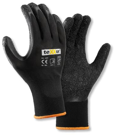 texxor 12 Stück Polyester-Strickhandschuhe 2425, Latex, Packung, schwarz, 11/XXL