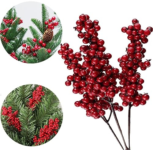 FYBlossom Künstliche rote Beeren, dekorative Zweige mit roten Beeren, Herbstzweige, 10 Stück, Weihnachtsspieße, Länge 20/26 cm, Zweig, Beerendekoration, 01