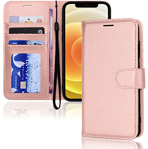 TECHGEAR iPhone 12 fodral, iPhone 12 Pro plånbok, läderfodral med skyddskåpa, kortplatser, stativ och handrem, PU-läder roséguld kompatibelt med iPhone 12/12 Pro 6,1 tum