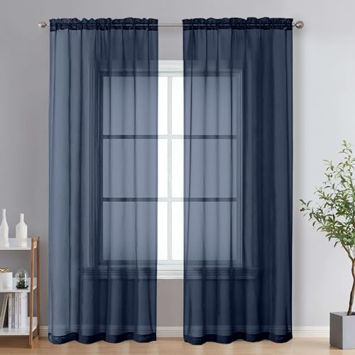 OVZME Extra långa genomskinliga gardiner 241 cm långa för hem fransk dörr, stångficka voile fönsterbehandling för vardagsrum, marinblå, 2 paneler med 42 B x 95 L.