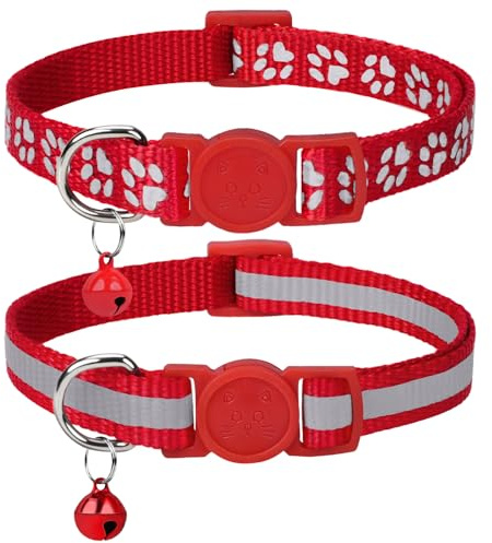 Taglory Collier Chat Anti Étranglement, 2 pcs Réglable Réfléchissant Collier pour Chat Chaton Chiot avec Clochette et Boucle de Sécurité, 15-20cm Rouge