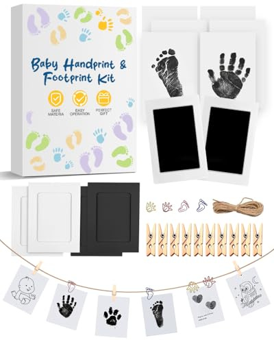 MOXTOYU Kit för babyhandavtryck och fotavtryck – 2 bläckdynor med 6 tryckkort, tassavtryck för husdjur, säkert rengöringsbläck för babyfötter och händer, perfekt present till nyfödd med 4 söta klämmor
