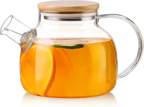 SITIEPA Glass Tea Pot Kettles Stovetop Safe, 33.8oz/1000ml Heatproof Borosilicate Glass Teapot Water Pitcher With Bamboo Lid and Removable Filter Spout for Loose Leaf and Blooming Tea