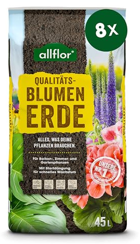Allflor Blumenerde 8 x 45 L I gebrauchsfertige Universalerde I hochwertige Erde im 45 Liter Beutel I Für alle Balkon- und Zimmerpflanzen geeignet I Enthält alle wichtigen Pflanzennährstoffe