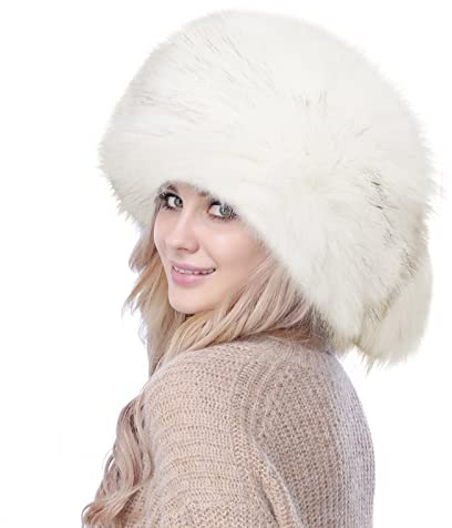 OhMill Chapka Russe en Fourrure d’Hiver pour Femme Chapeau d’Hiver Bonnet en Fourrure de Renard Artificiel avec Queue Chapeau Chaud Coupe-Vent