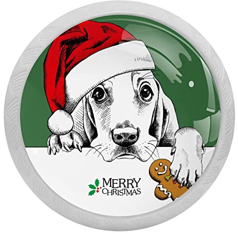 4 Packs Merry Christmas Dog with Red Hat Paint Green White Fluorescence Crystal Glass Cabinet Knobs Drawer Handles for Kitchen Cabinets Dresser Cupboard Wardrobe Pulls Handles