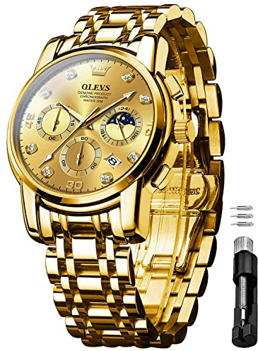 OLEVS Herrenuhren Gold Geschenke Edelstahl Uhr Wasserdicht Leuchtende Lässige Elegante Männer mit Diamant Gesicht Business Quarz Armbanduhr
