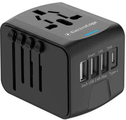 ElectroEdge Universal Travel Adapter Worldwide with 3 USB, 1 USB-C and 1 AC Socket, International Travel Adapter UK to European Power, Universal Plug Adaptor for EU USA Australia Thailand Uk