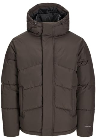 JACK & JONES Mens Puffer Jacket Hooded Winter Warm Quilted Coat with Full Zip Closure Windproof Jacket for Men UK, Mulch Colour, Size- S