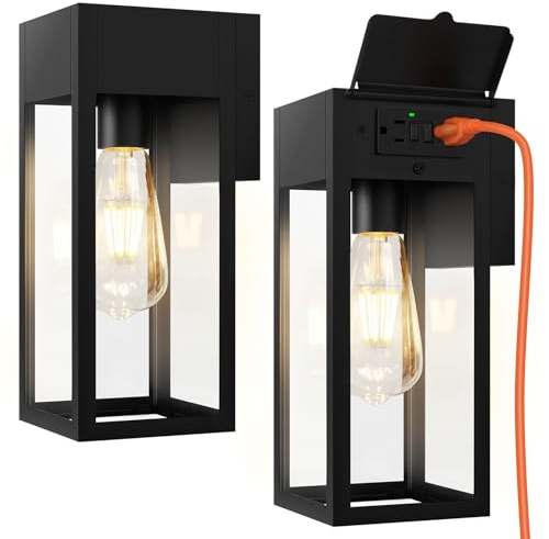 OYKYOHEI 2 Pack Porch Lights Outdoor Wall Sconce, Outdoor Light with GFCI Outlet, Waterproof Exterior Wall Lantern Light Fixtures, Anti-Rust Wall Lamp with Clear Glass for Patio Doorway Garage- Black