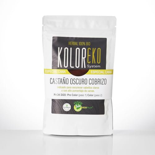 KOLOREKO Tinte natural CASTAÑO OSCURO COBRIZO - Pack DÚO especial canas - precolor COBRE + tinte CASTAÑO OSCURO