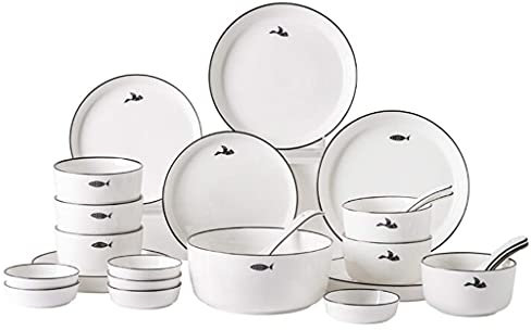 Ceramics Dinnerware Set with 26 Pieces,Bowl/Dish/Spoonflying Bird and Fish Pattern Dinner Sets,Nordic Minimalist Style Porcelain Combination Set