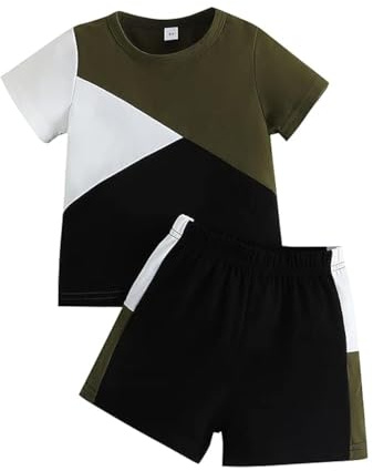 Volunboy 2-delat set med babykläder, sommarkläder, outfit, kortärmad t-shirt, topp, byxor/shorts, klädset för pojkar, Svart grön, 12-18 månader