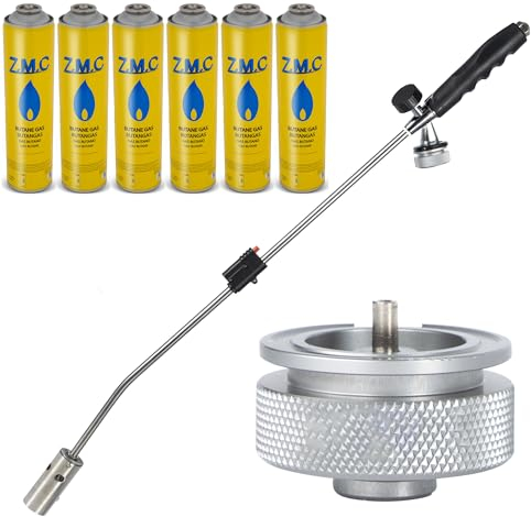 ZMC Unkrautvernichter 2,5 kW + 6 Gaskartuschen 330g, inkl Adapter für Eurogewinde, Unkrautbrenner mit Piezo-Zündung, Abflammgerät mit einstellbarer Flammenleistung bis zu 1400 °C