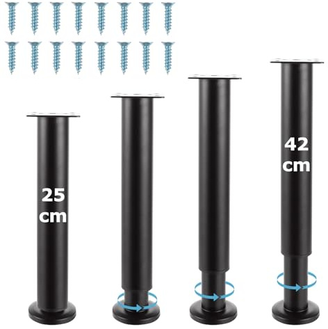 SHUESS 4 Stück Möbelfüße Verstellbar 25-42 cm, Möbelfüße Metall Schwarz, höhenverstellbare Möbelbeine mit Schrauben, Füße für Möbel, Sofa, Bett, Schrank, TV-Schrank und DIY Möbelbau