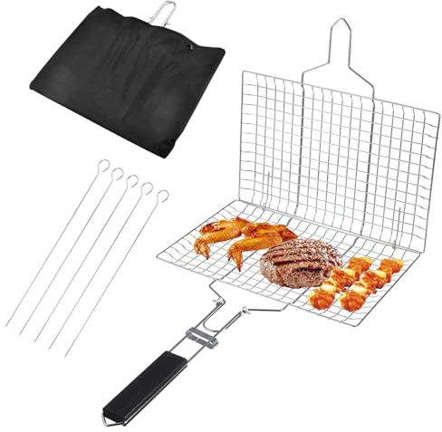Grille Barbecue, Panier de Gril, Outil de Gril Portable, Grilles de Gril pour Poisson, Légumes, Côtelettes de Crevettes, Brosse à Sauce en Bonus, Sac de Transport et 5 Brochettes de Cuisson