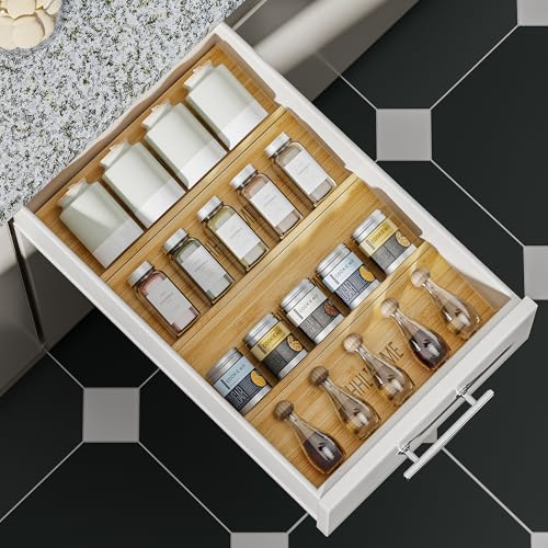 OHHLIHOME Organizer per cassetti per spezie in bambù, confezione da 4, 33 x 11,9 x 4,1 cm, inserto per cassetti per spezie, organizer per condimenti per cassetti/piano di lavoro (barattoli non
