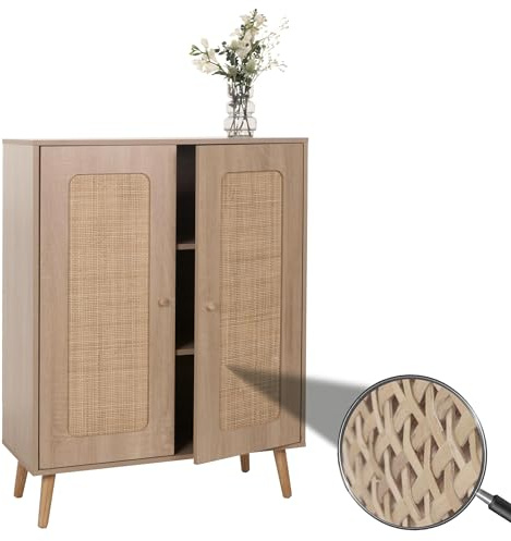 Mendler Highboard HWC-M38, Kommode Schrank Sideboard, Staufächer, Kubu Rattan Holz 106x80x41cm - Eiche-Optik