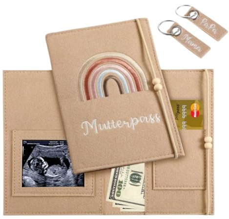 Mutterpass Schutzhülle, Mutterpasshülle Filz mit Fächer, Mutterpasshülle Personalisiert mit 2 Schlüsselanhänger, Hülle Mutterpass, für Versicherungskarten, Mütter Impfpass Hülle Und Ultraschallbildern