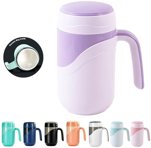 Klaraber Tazza da viaggio in ceramica da 350 ml, con coperchio e manico a prova di perdite, perfetta per caffè o tè, adatta per l'uso a casa, ufficio o scuola (bianco viola)